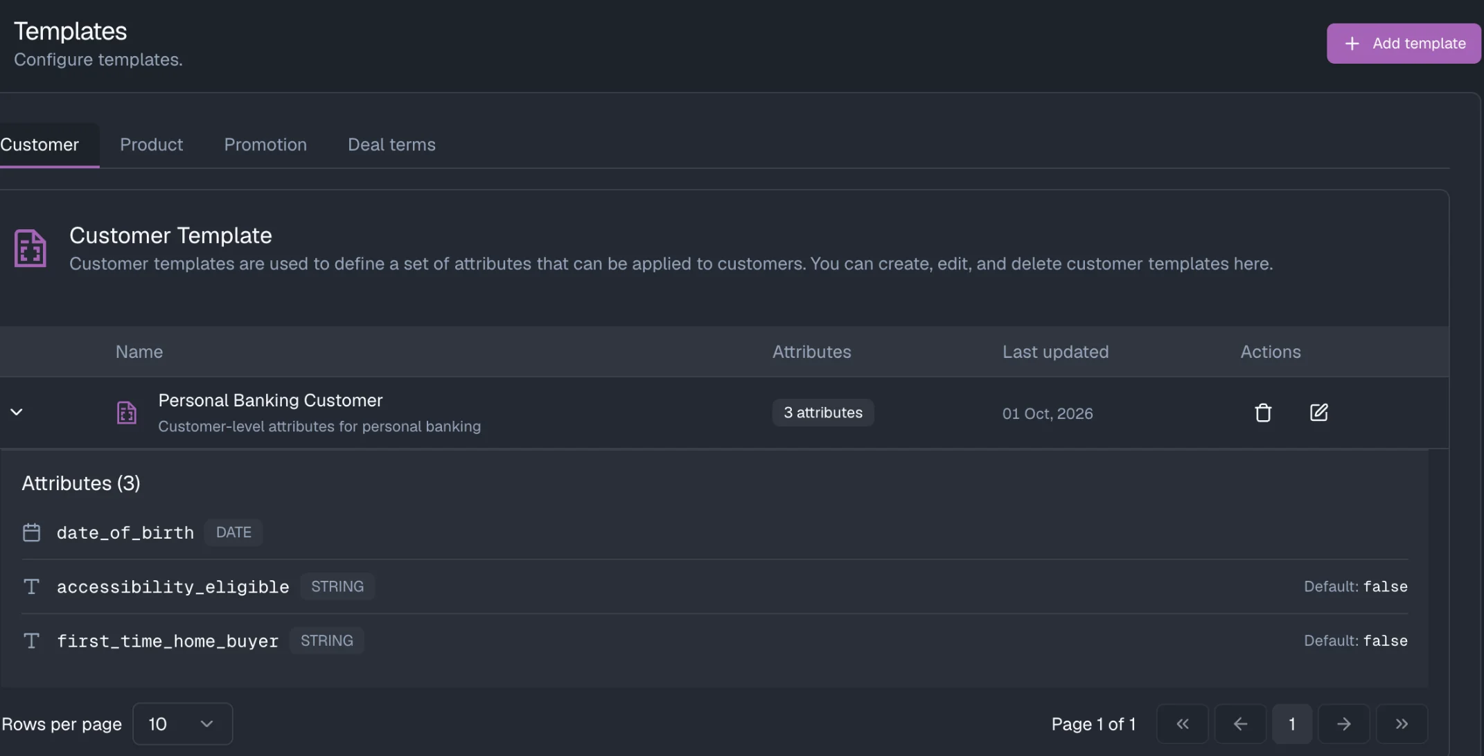 A customer template in Fincarna adding custom attributes such as date of birth, accessibility eligibility and first-time home buyer