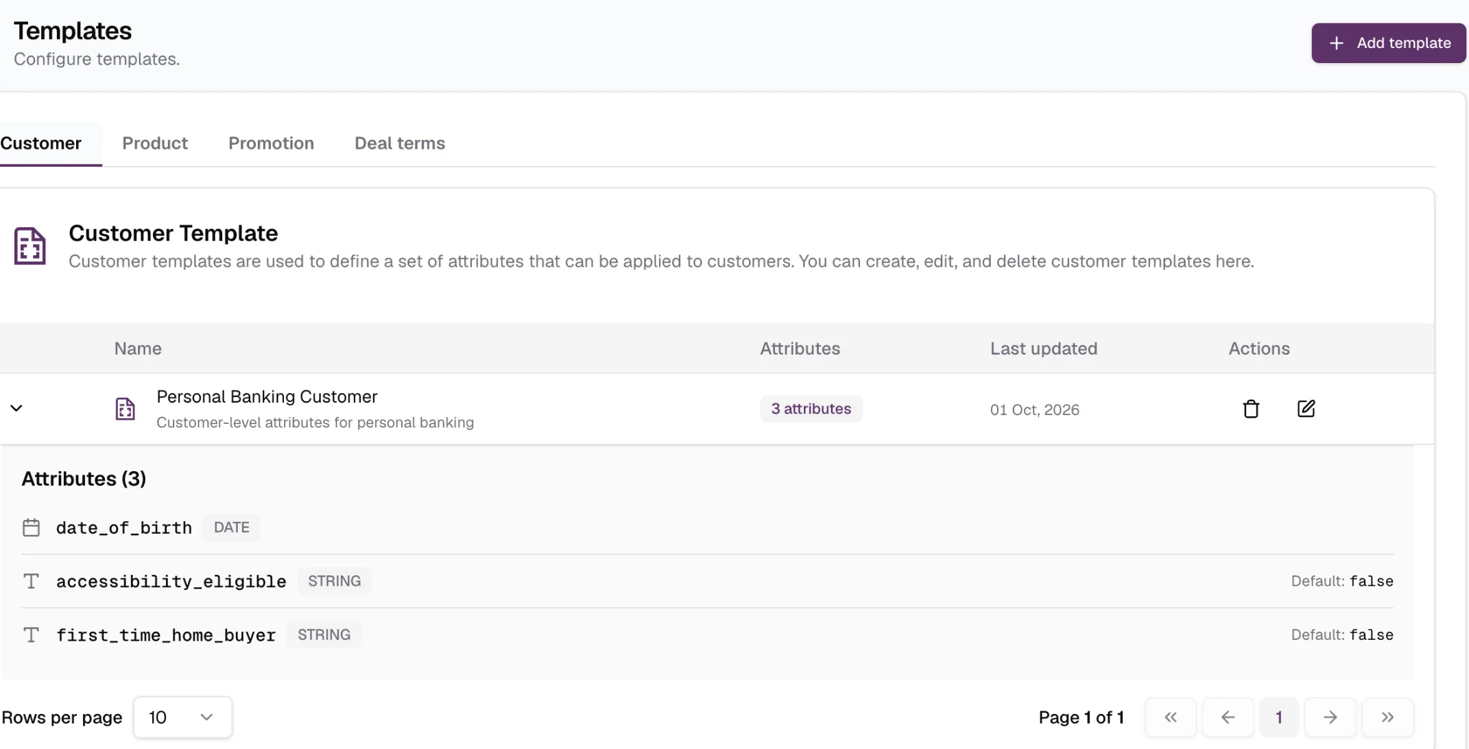 A customer template in Fincarna adding custom attributes such as date of birth, accessibility eligibility and first-time home buyer