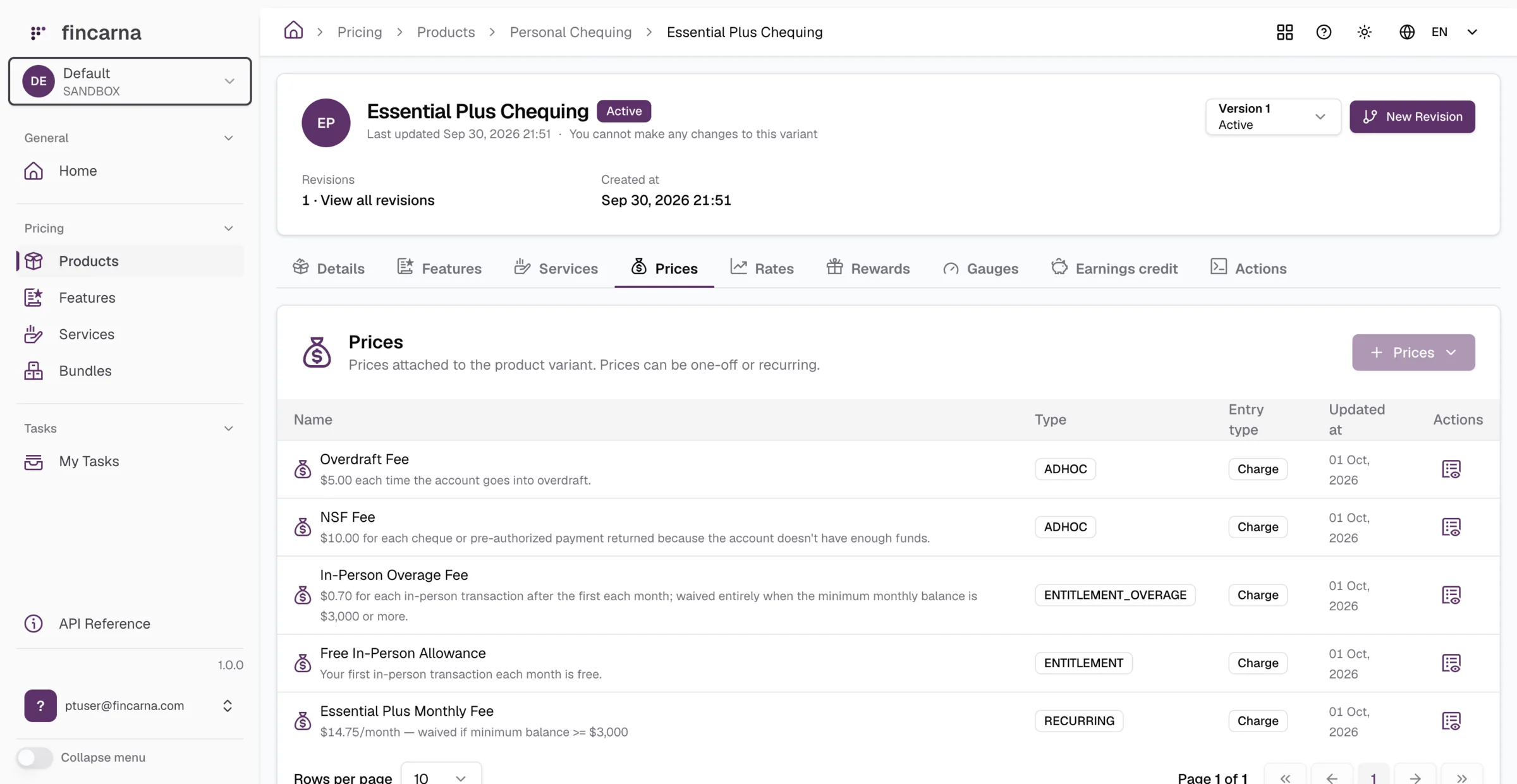 The Essential Plus Chequing variant in Fincarna, Active at Version 1 and locked against changes, with a New Revision button and its prices, including a monthly fee waived at a $3,000 minimum balance and a free in-person allowance